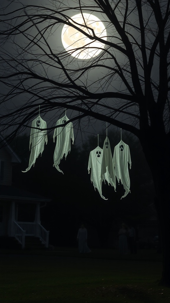 Ghostly figures hanging from a tree with a full moon in the background