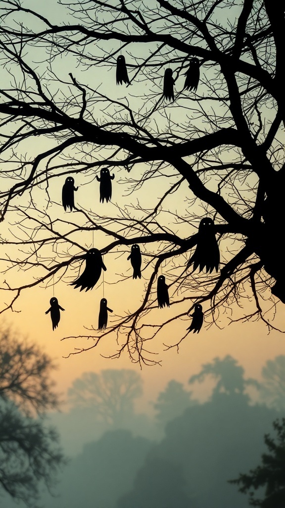 Silhouettes of ghosts hanging from tree branches at sunset