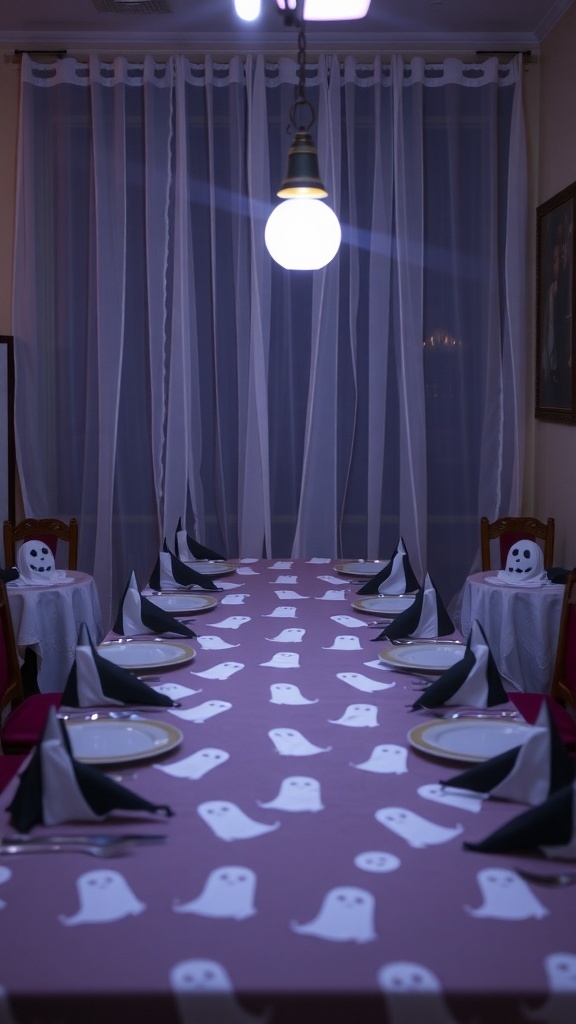 A Halloween-themed dining table with ghost-patterned linens and black napkins.