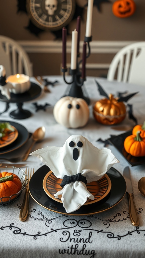 A Halloween table setting featuring ghost napkins, pumpkins, and candles.