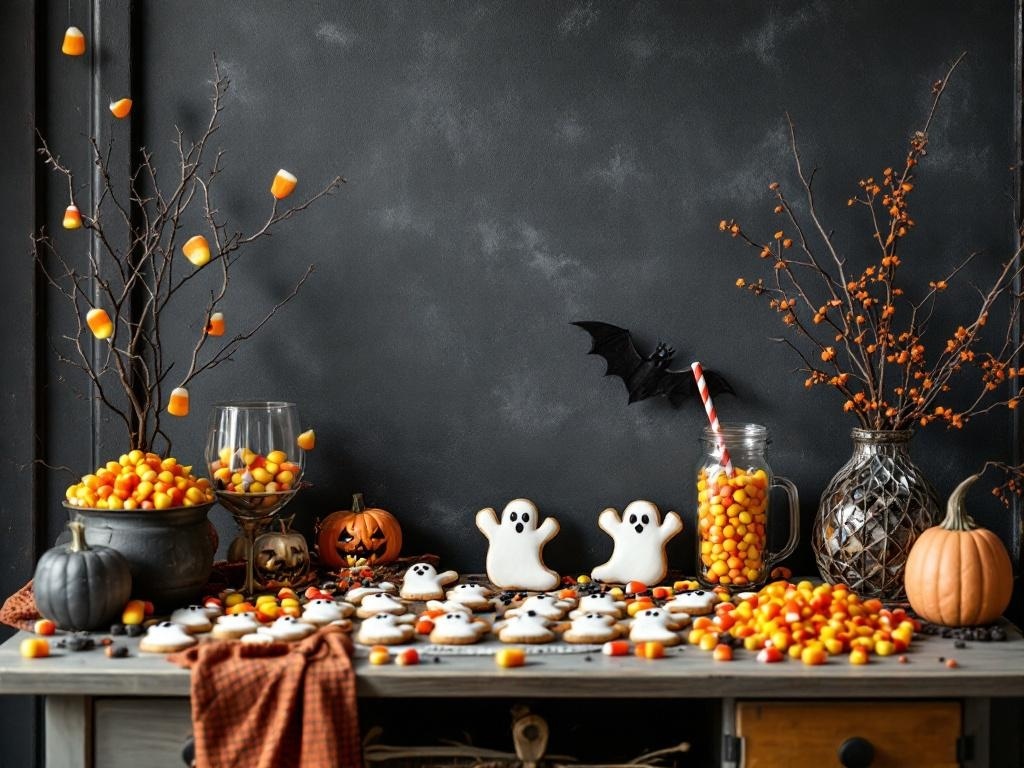 A Halloween entry table decorated with ghost-shaped cookies, candy corn, pumpkins, and spooky decor.