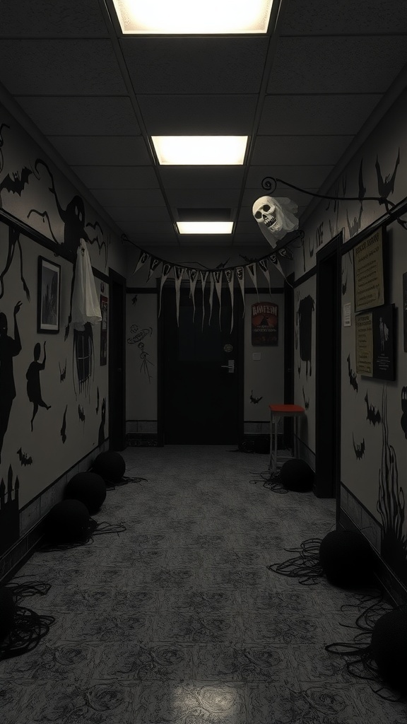 A spooky hallway decorated for Halloween with ghostly wall art and eerie decorations.