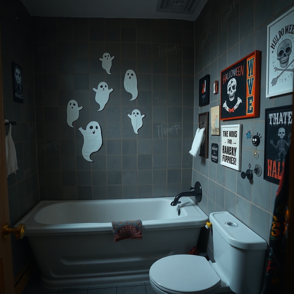A Halloween-themed bathroom with ghost wall art and various spooky decorations.