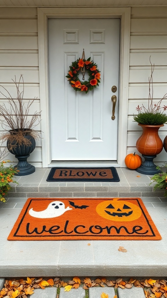 A Halloween-themed entryway with a ghostly welcome mat, pumpkins, and a decorative wreath.