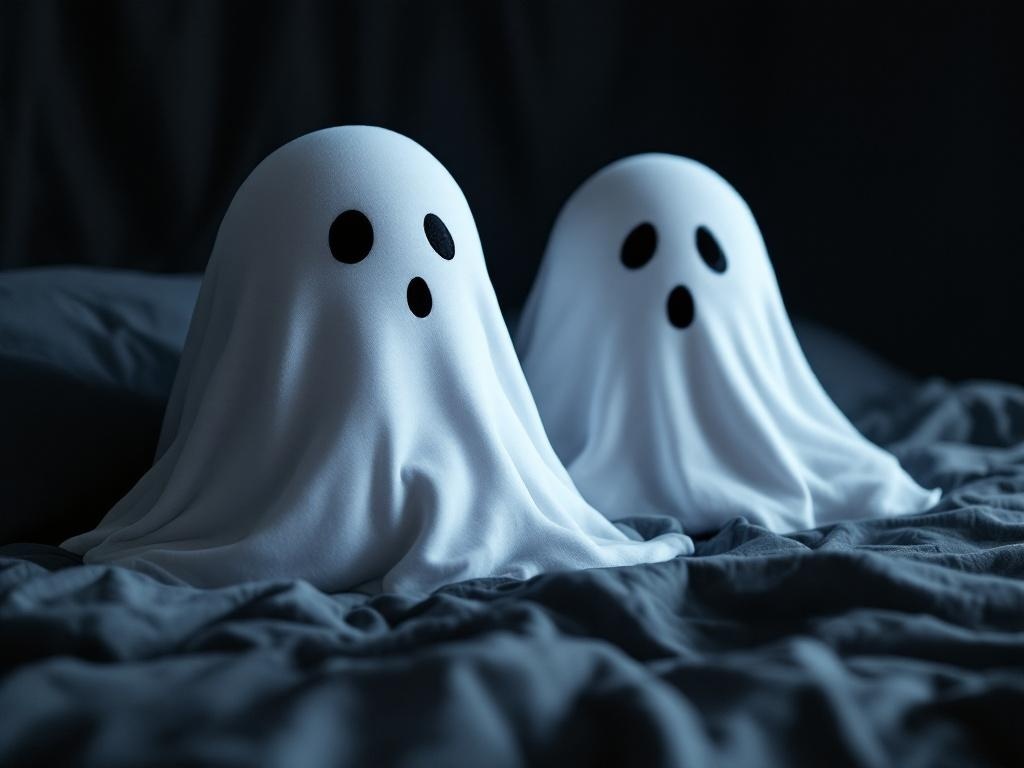 Two ghost-shaped white cushions with black eyes and mouth on a dark bed
