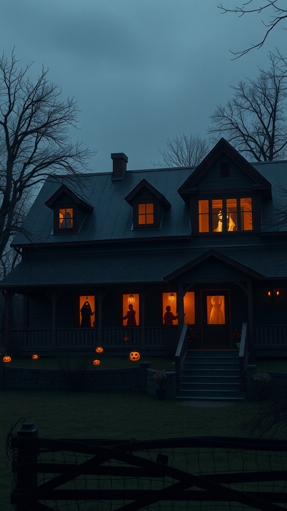 A farmhouse at dusk with glowing windows and silhouettes of people inside, surrounded by carved pumpkins.