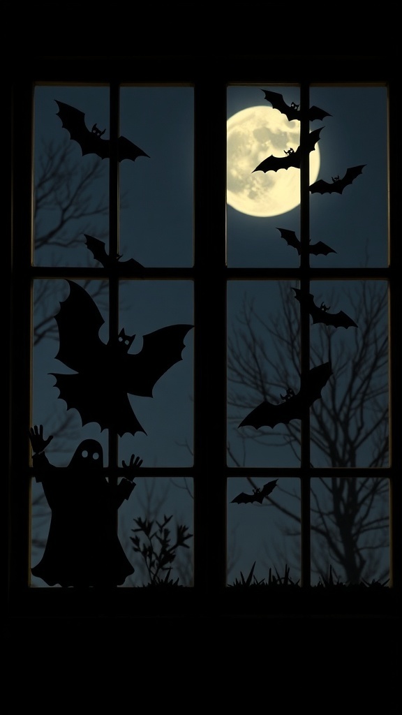 A window decorated with ghost and bat silhouettes against a full moon background