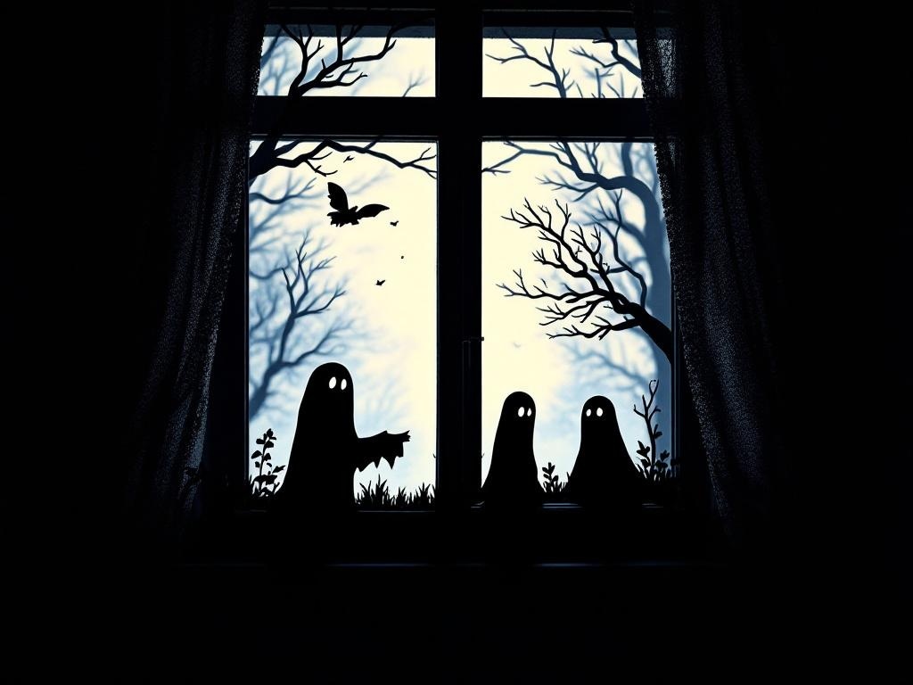 A window with ghost silhouettes and bare tree branches, creating a spooky Halloween atmosphere.