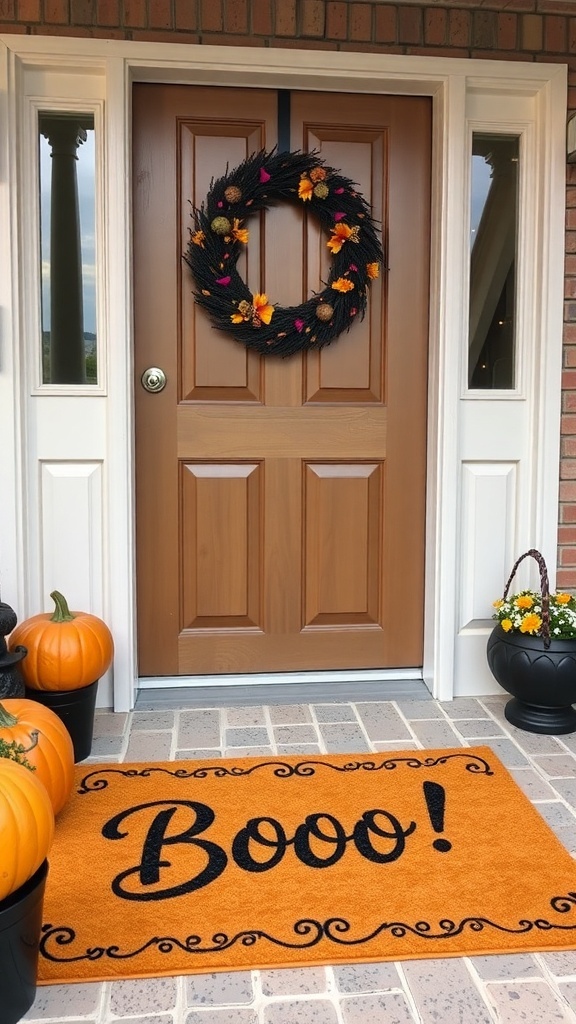 A Halloween-themed door mat with the text 'HAPPY HALLOWEEN HALL WIRE' surrounded by bats and ghosts, placed in front of a gray door with a pumpkin and an orange wreath.