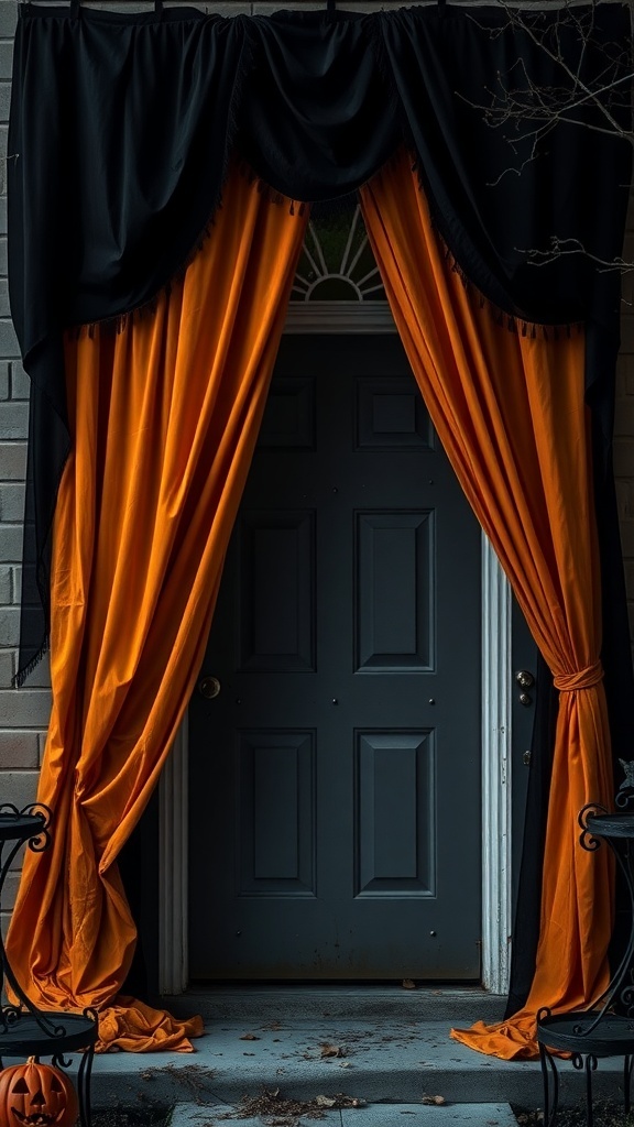 Black and orange drapes framing a doorway for Halloween decoration