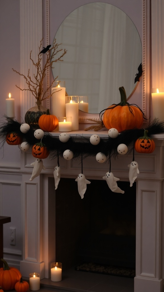 A Halloween garland with ghost figures and pumpkins hanging over a fireplace.