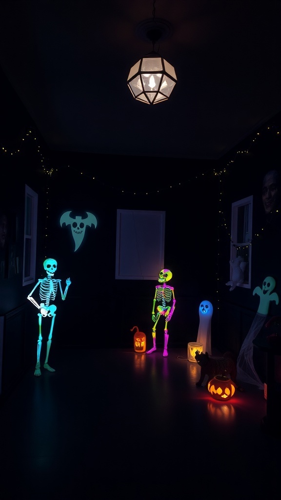 Indoor Halloween decorations featuring glow-in-the-dark skeletons, ghosts, and a jack-o'-lantern.