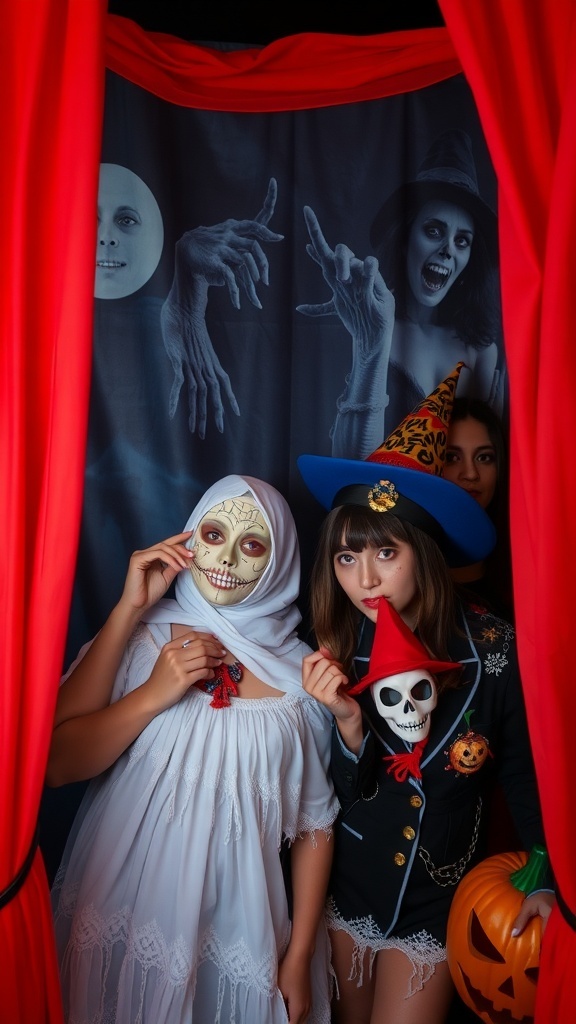 A Halloween photo booth setup with spooky decorations and bold lettering.