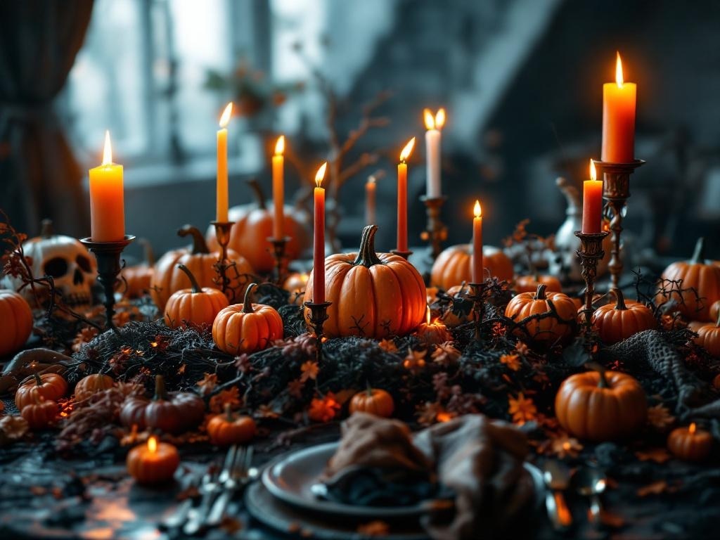 A Halloween table centerpiece featuring pumpkins, candles, and autumn leaves.