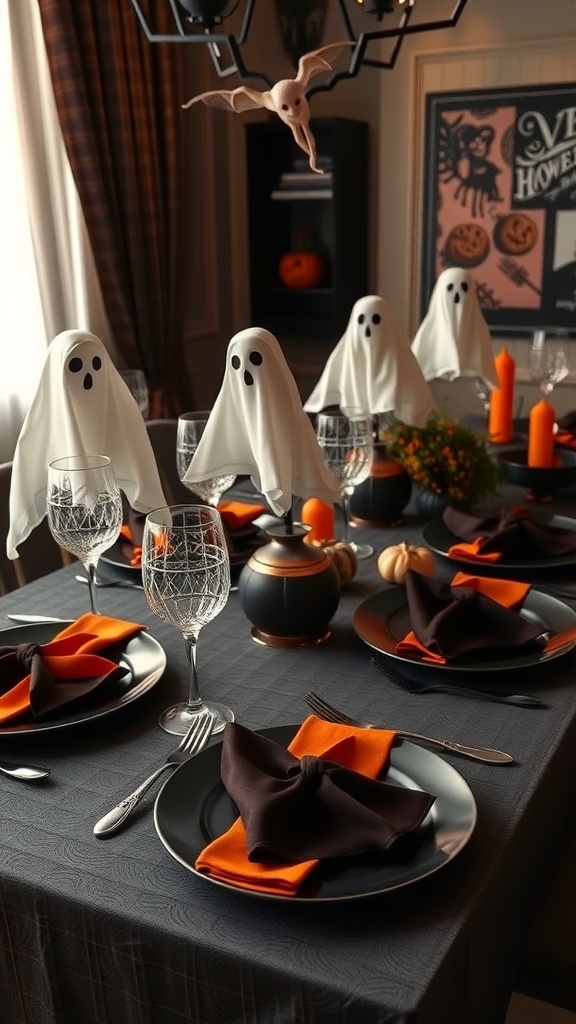 A Halloween-themed table setting with ghost decorations, black plates, orange napkins, and pumpkins.