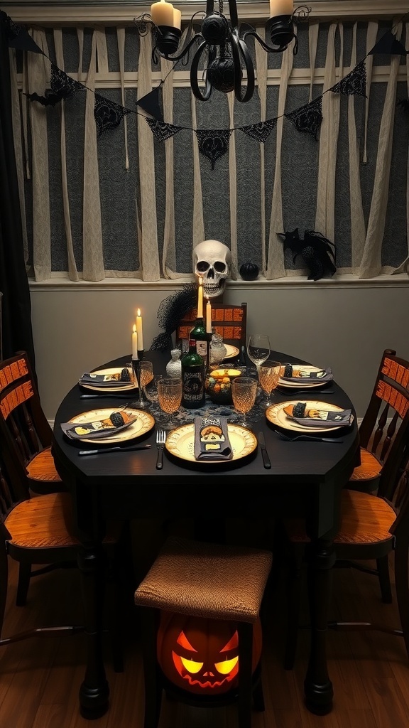 Halloween themed dining table with skull centerpiece, pumpkin plates, and candlelight