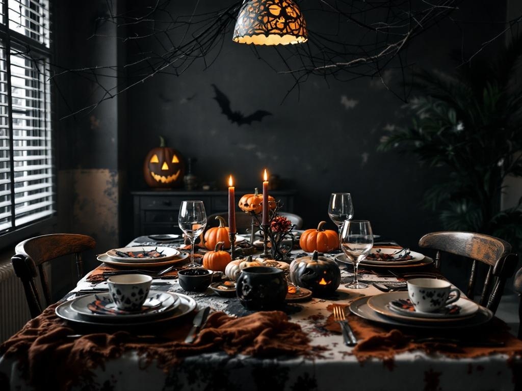 A Halloween-themed table setting with pumpkins, candles, and dark decor.