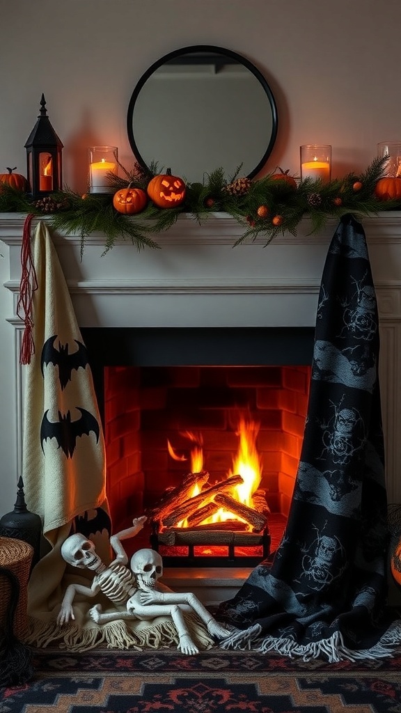 A Halloween-themed fireplace with ghoulish throws, pumpkins, and candles.