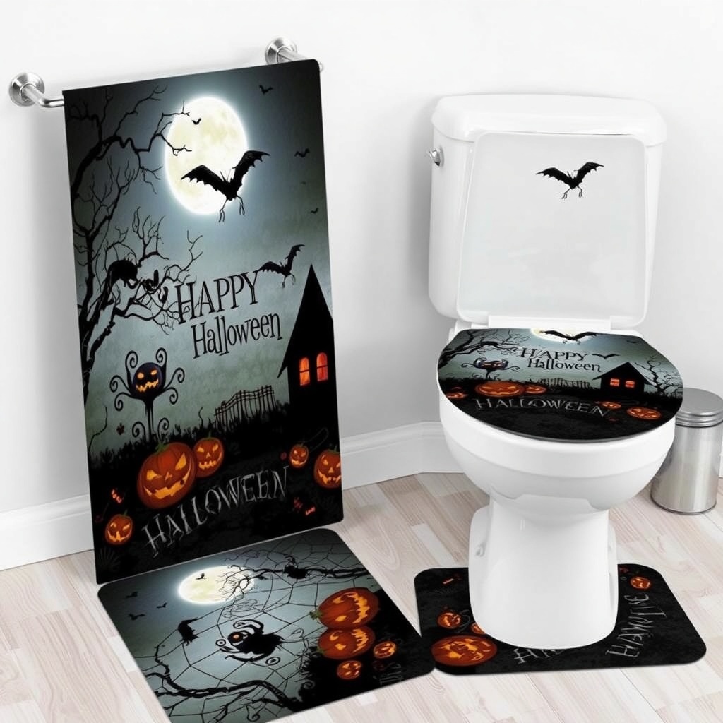 Halloween themed bathroom accessories including a toilet seat cover, rug, and towel with spooky designs.