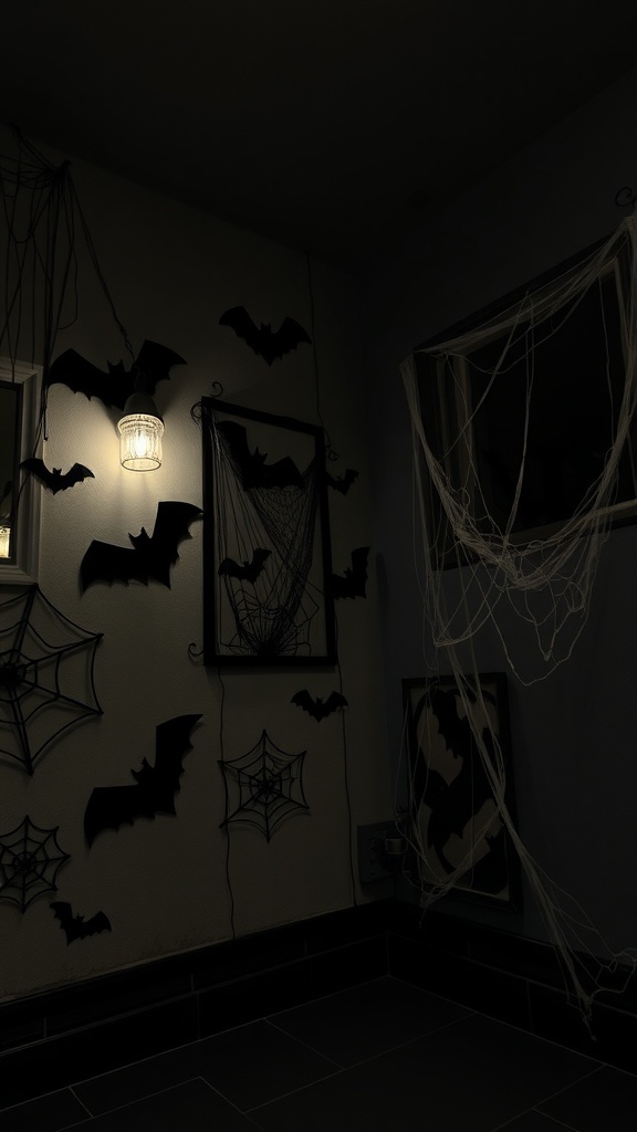 A Halloween-themed bedroom wall with black bats, spider webs, and a lantern.