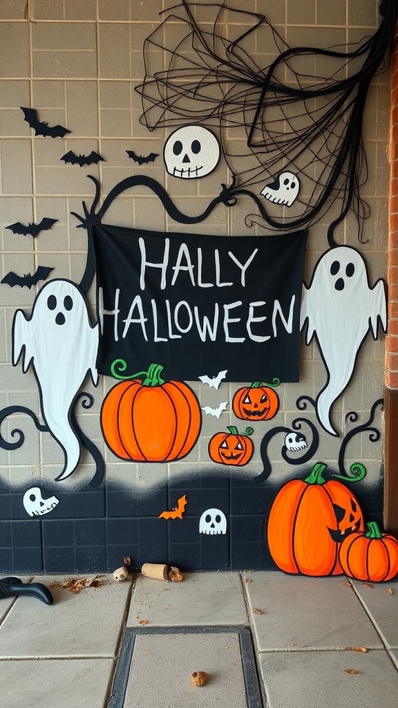 Colorful Halloween wall art featuring ghosts, pumpkins, bats, and a banner that says 'HALLY HALLOWEEN.'