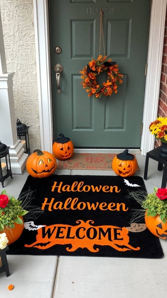 A Halloween-themed welcome mat that reads 'WELCWEEN' in orange and black, surrounded by pumpkins on a front porch.