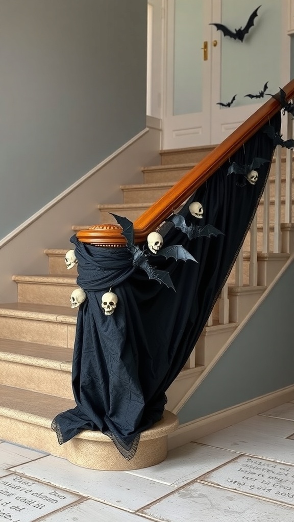 Halloween decorated railings with black fabric, skulls, and bats