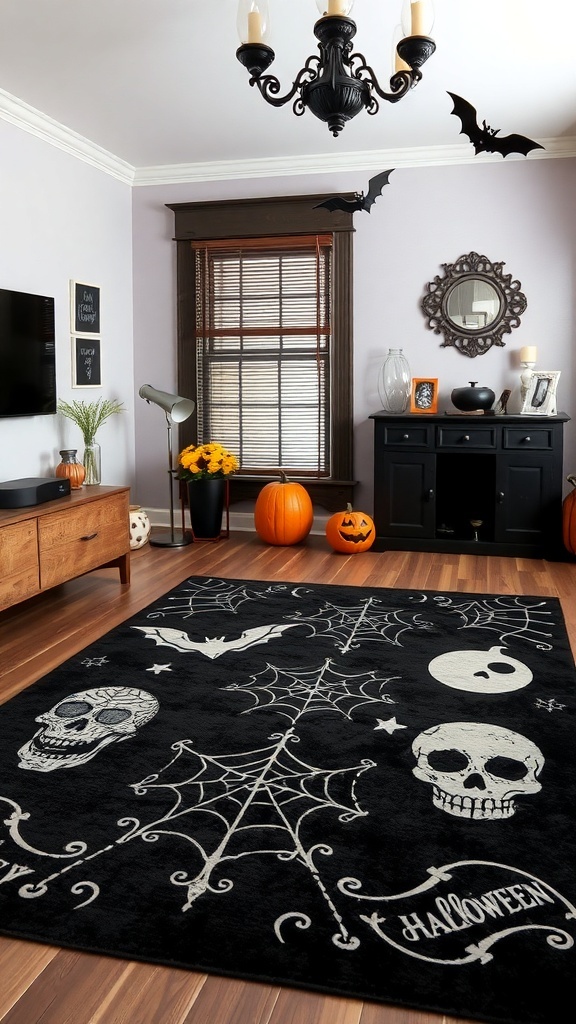 A Halloween-themed living room featuring a black rug with skulls and spider webs.