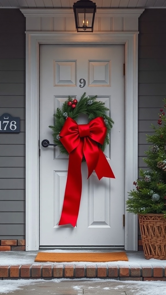 A white door decorated with a large red bow and a green wreath, surrounded by winter decor.