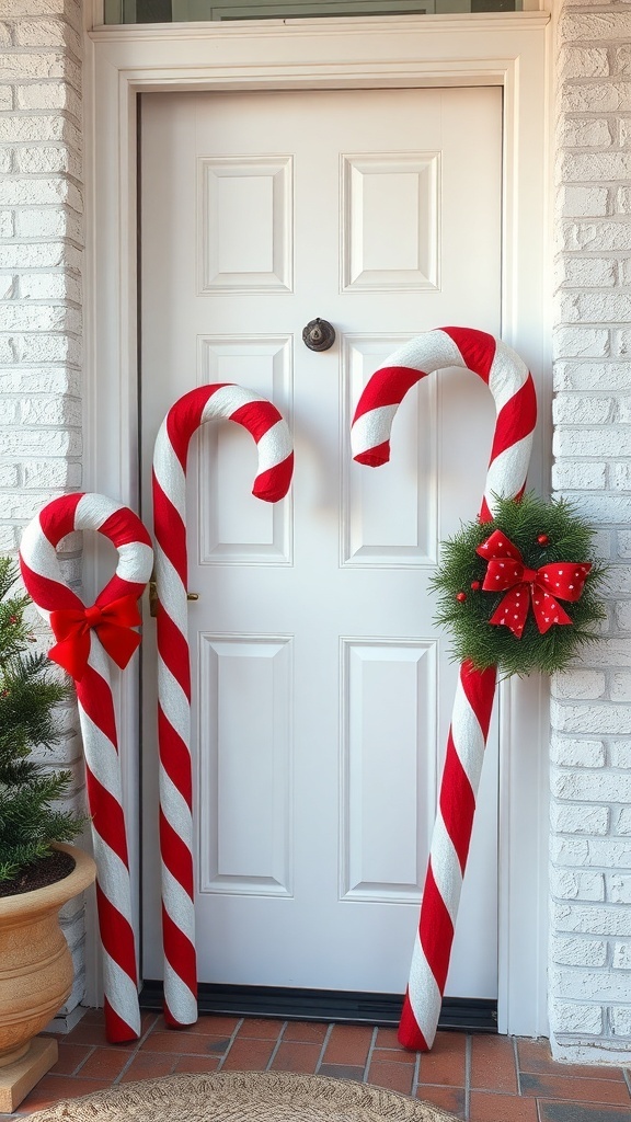 Giant candy cane decorations beside a white door with a wreath