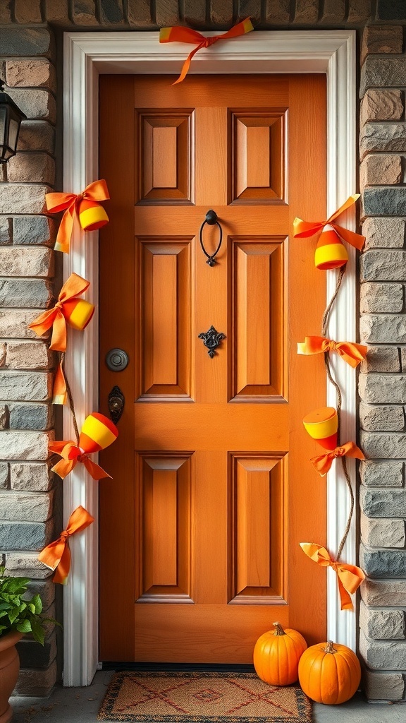 A bright orange door decorated with giant candy corn and bows, flanked by two pumpkins.