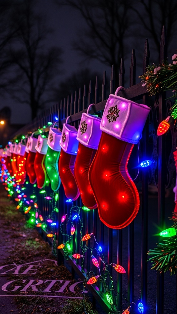Giant Christmas stockings hanging on a fence with colorful lights