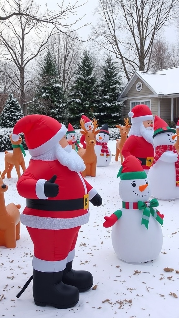 Giant inflatable Christmas characters including Santa, a snowman, and reindeer in a snowy outdoor setting.
