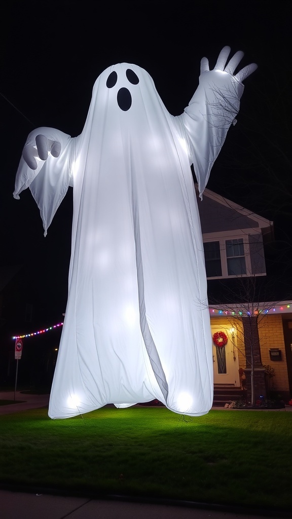 A giant inflatable ghost in a front yard, illuminated at night