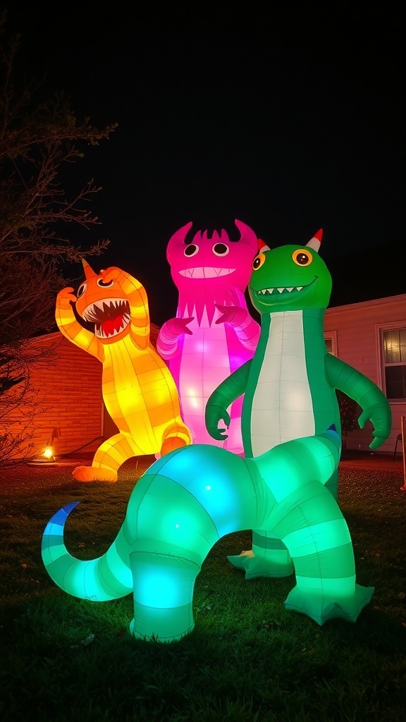 Three giant inflatable monsters in bright colors, standing in a yard at night.