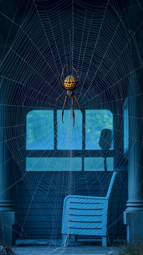 A giant spider web with a spider in the center, set against a porch background.