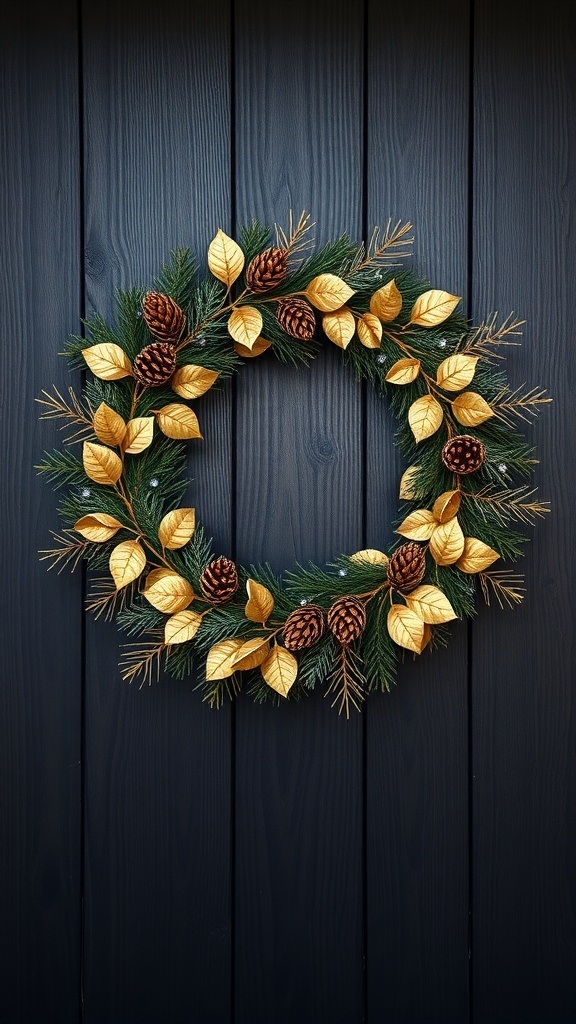 A fall wreath featuring gilded leaves and pinecones against a dark wooden background.