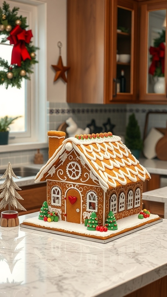 A beautifully decorated gingerbread house on a kitchen counter, surrounded by festive decor.