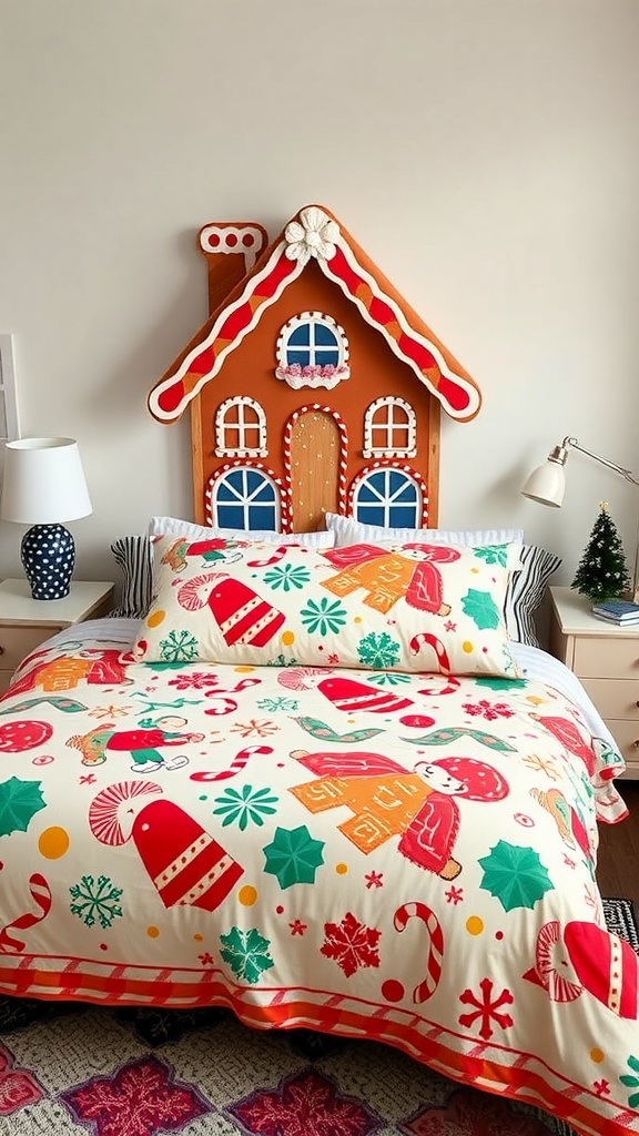 A cozy bedroom featuring gingerbread house themed bedding with colorful holiday patterns.