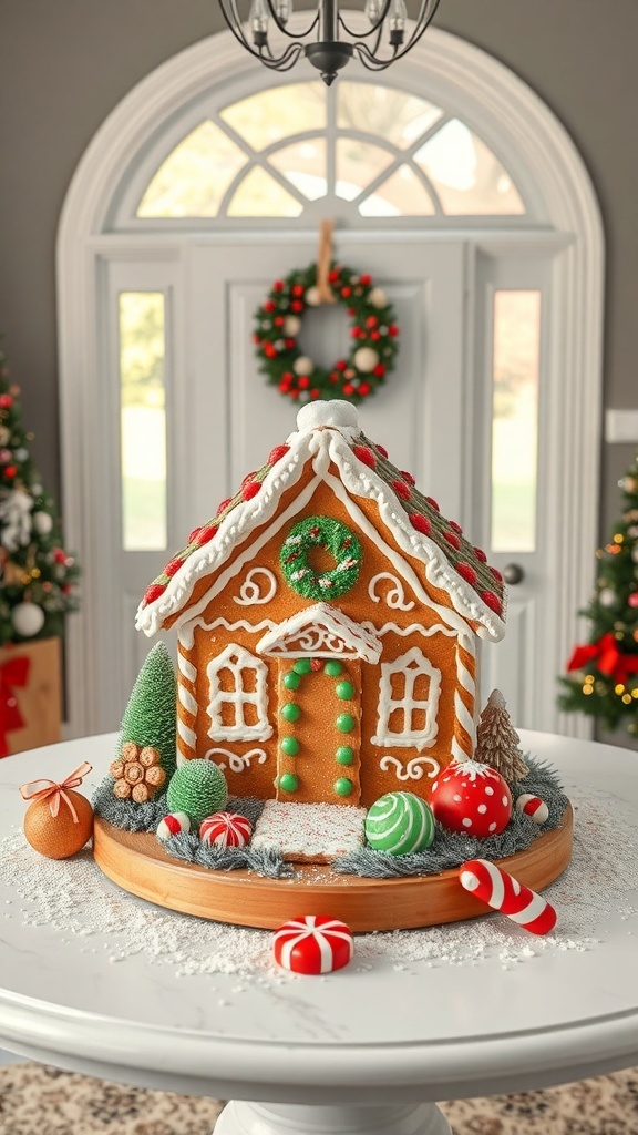 A beautifully decorated gingerbread house on a table, surrounded by festive decorations.