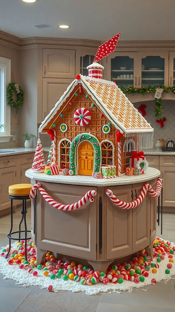 A beautifully decorated gingerbread house centerpiece on a kitchen island, surrounded by colorful candies.