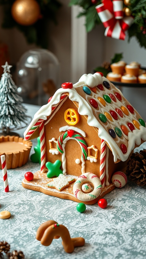 A beautifully decorated gingerbread house with colorful candies and icing, surrounded by festive decorations.