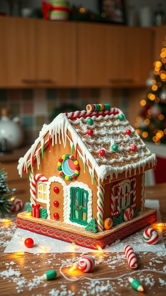 A decorated gingerbread house with colorful candies and icing in a cozy kitchen setting.