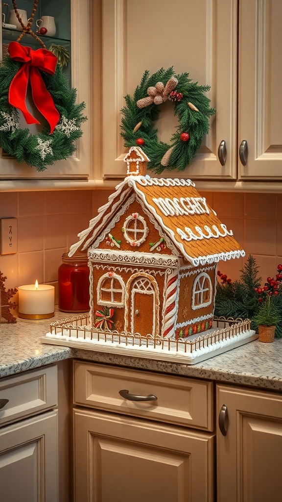 A beautifully decorated gingerbread house on a kitchen countertop with Christmas wreaths and candles.
