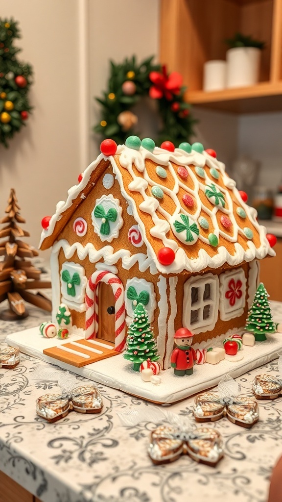 A beautifully decorated gingerbread house on a countertop, surrounded by festive decor.