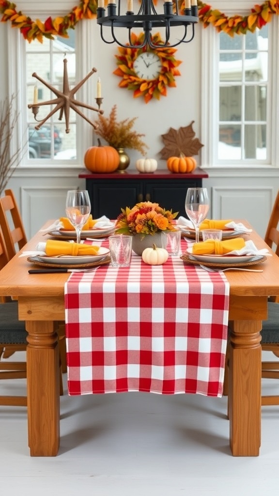 A dining table set with a red and white gingham table runner, pumpkins, and autumn decorations.