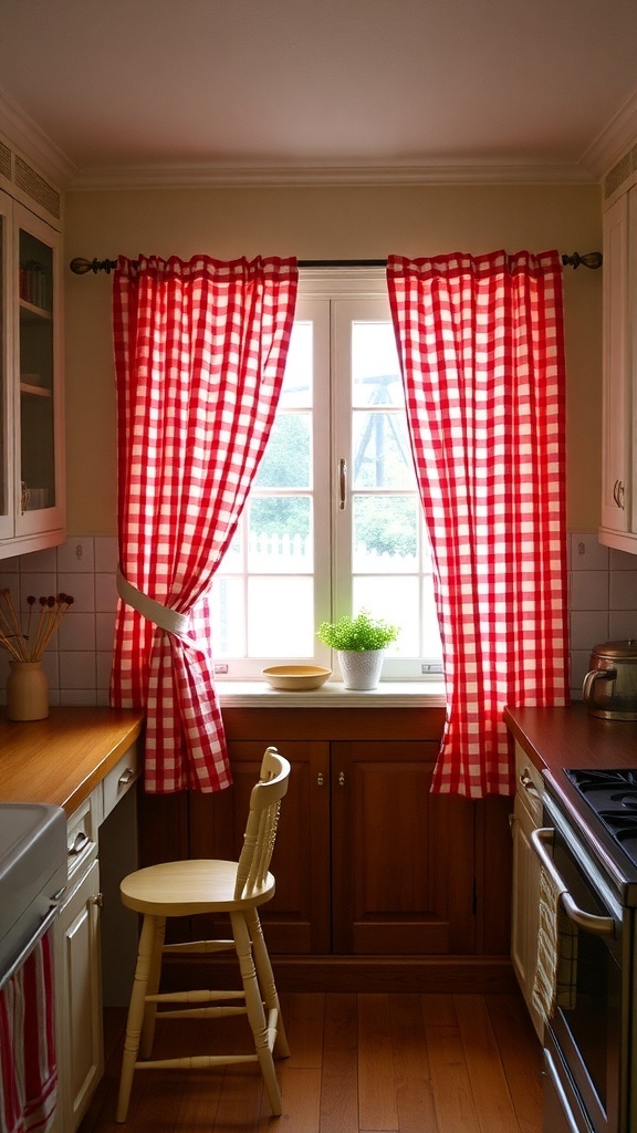 Farmhouse kitchen with red and white gingham curtains