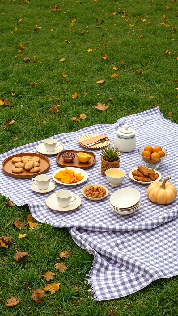 A picnic setup with a gingham tablecloth featuring cookies, fruits, and a small pumpkin on grass.