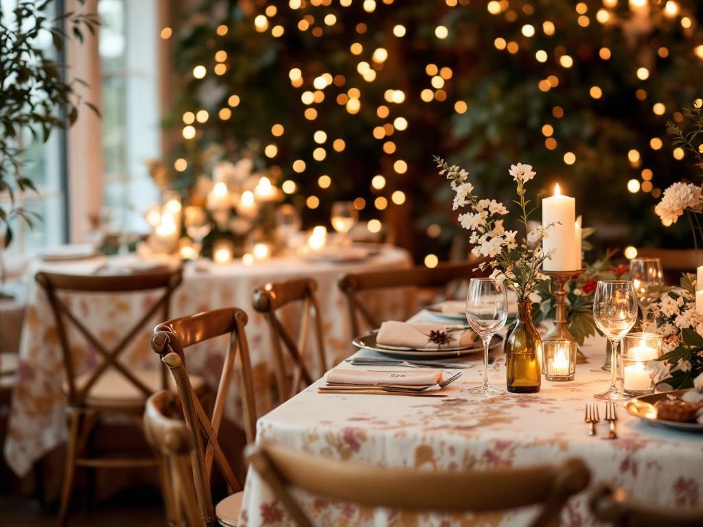 A beautifully set dining table with candles, flowers, and soft lighting, creating a cozy and elegant atmosphere.