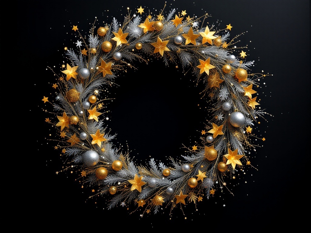A glamorous Christmas wreath adorned with gold and silver ornaments and stars on a black background.